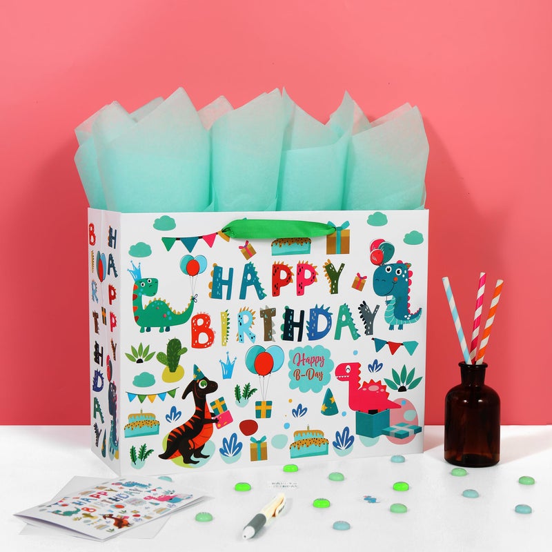 Qirrmiy 13"" Large White Gift Bag Set with Greeting Card and Tissue Paper (Green Dinosaur Design and Happy Birthday) for Boys  Girls  Kids Party  Baby Showers - Image 5